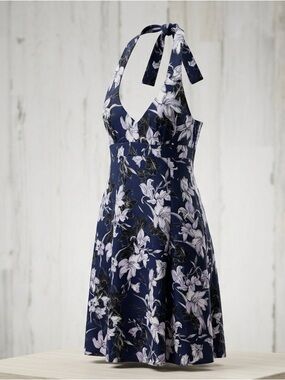 Athleta Floral Halter Dress Navy Blue Size 0 Side Zip Summer Travel